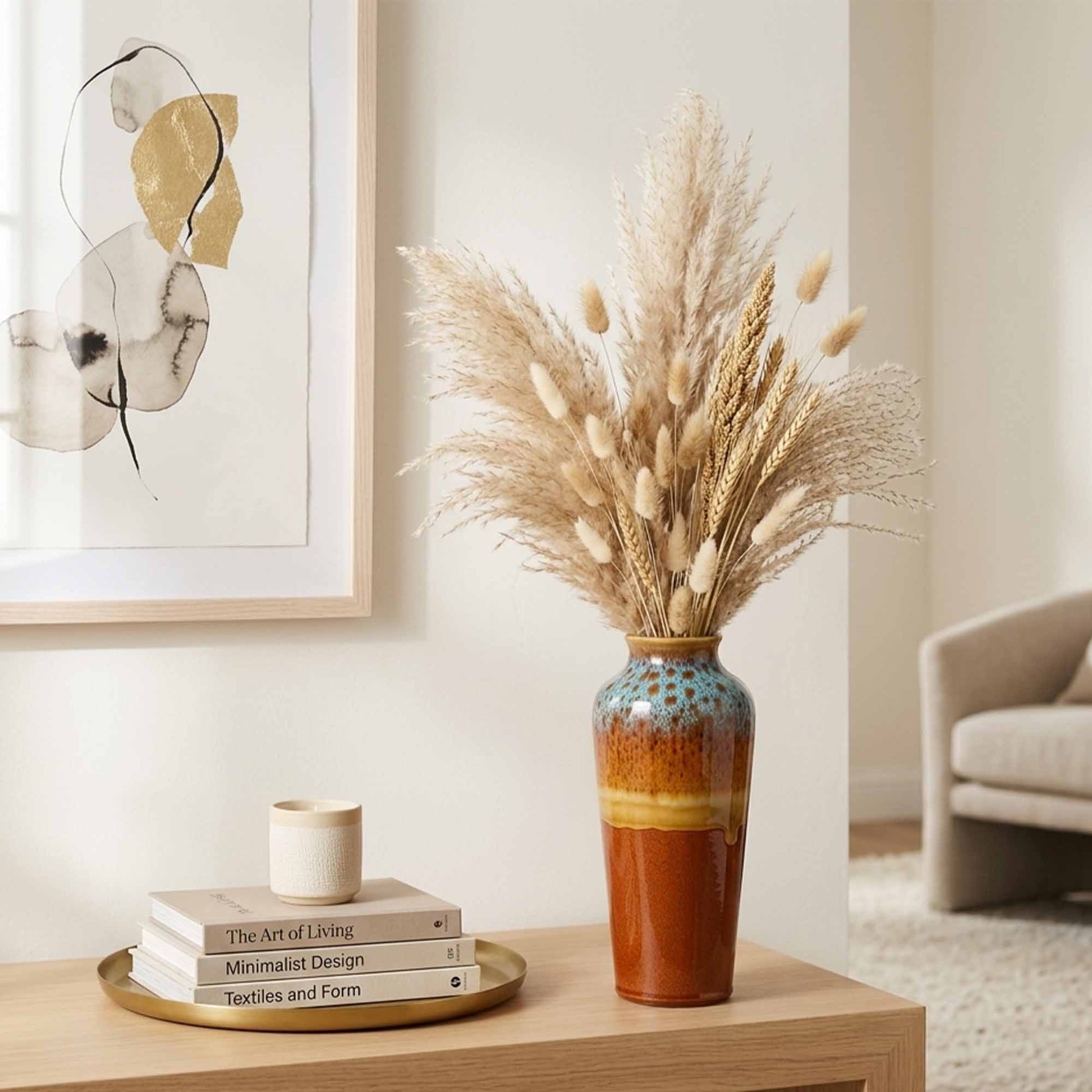 Decorative ceramic vase with dried plants on a table in a living room setting