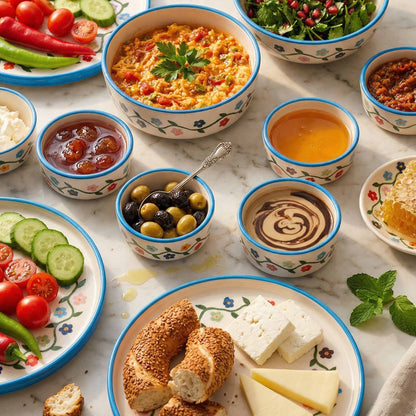 Assorted dishes including bread, cheese, olives, and dips on a marble surface.