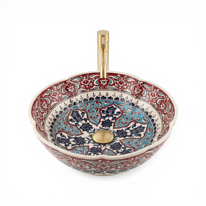 Ruby Mosaic Arabesque Ceramic Vessel Sink, Handpainted Bathroom Basin
