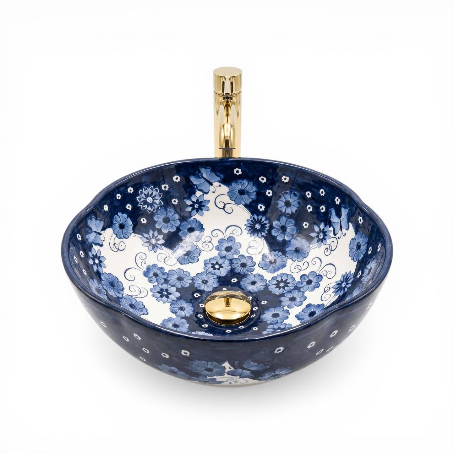 Moonlit Wildflower Ceramic Vessel Sink, Handpainted Bathroom Basin