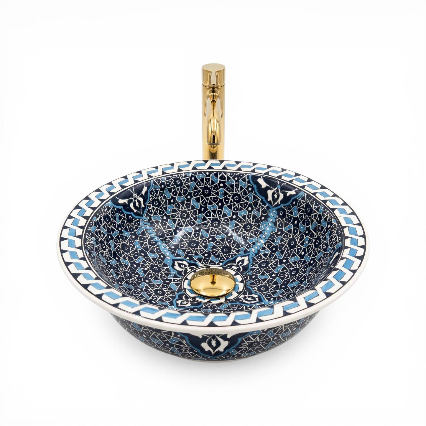 Midnight Mosaic Ceramic Vessel Sink, Handpainted Bathroom Basin