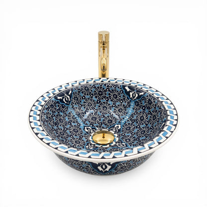 Midnight Mosaic Ceramic Vessel Sink, Handpainted Bathroom Basin
