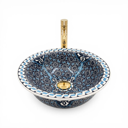 Midnight Mosaic Ceramic Vessel Sink, Handpainted Bathroom Basin