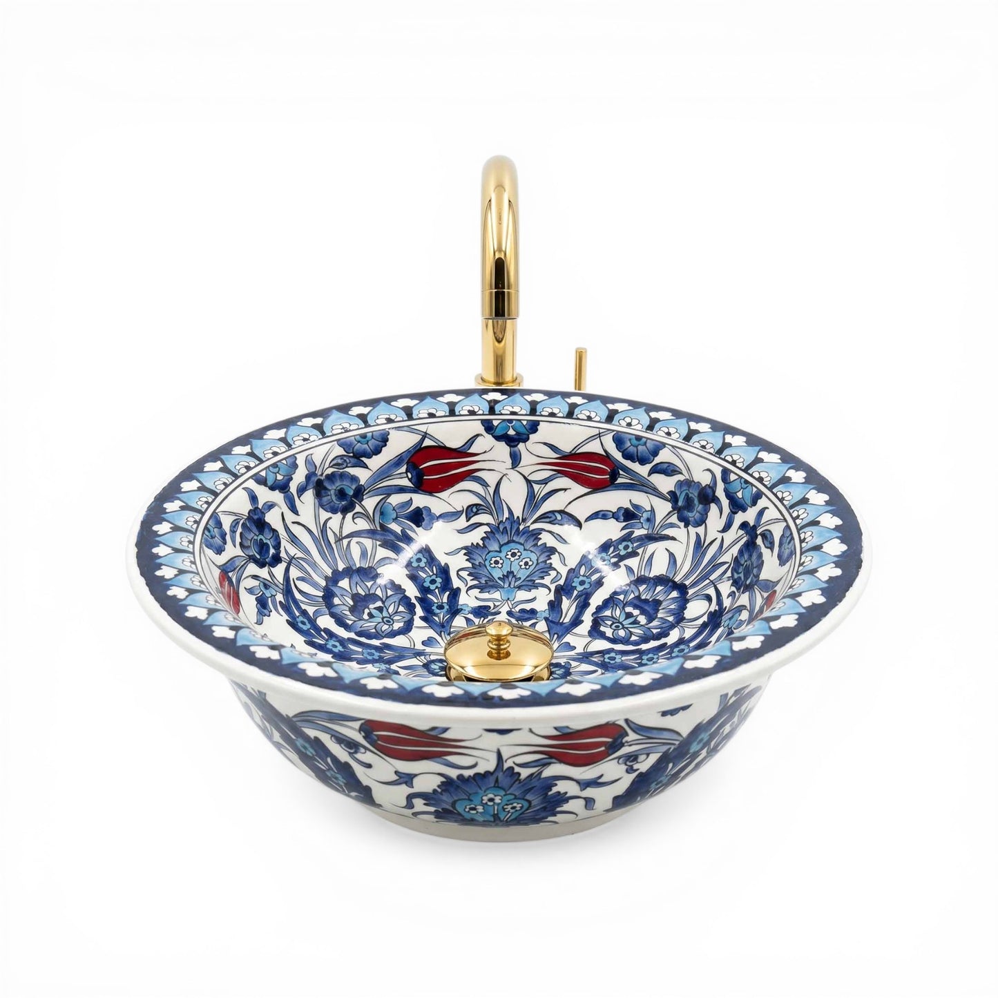 Crimson Tulip Garden Ceramic Vessel Sink, Handpainted Bathroom Basin