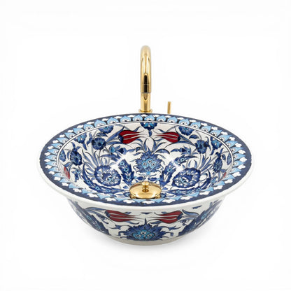 Crimson Tulip Garden Ceramic Vessel Sink, Handpainted Bathroom Basin