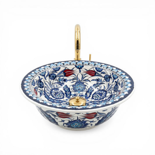 Crimson Tulip Garden Ceramic Vessel Sink, Handpainted Bathroom Basin