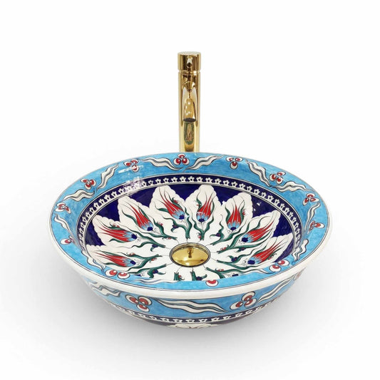 Sky Blossom Tulip Ceramic Vessel Sink, Handpainted Bathroom Basin