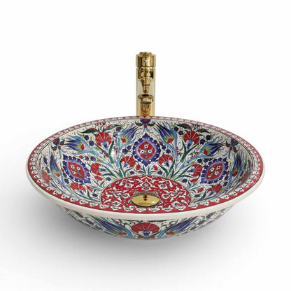 Ruby Garden Medallion Ceramic Vessel Sink, Handpainted Bathroom Basin