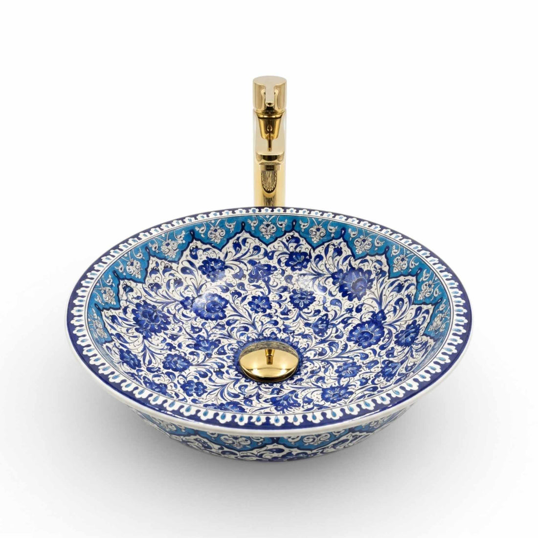 Azure Filigree Blossom Ceramic Vessel Sink, Handpainted Bathroom Basin