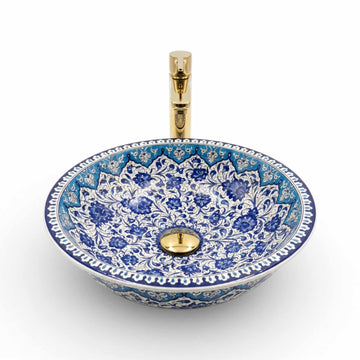 Azure Filigree Blossom Ceramic Vessel Sink, Handpainted Bathroom Basin