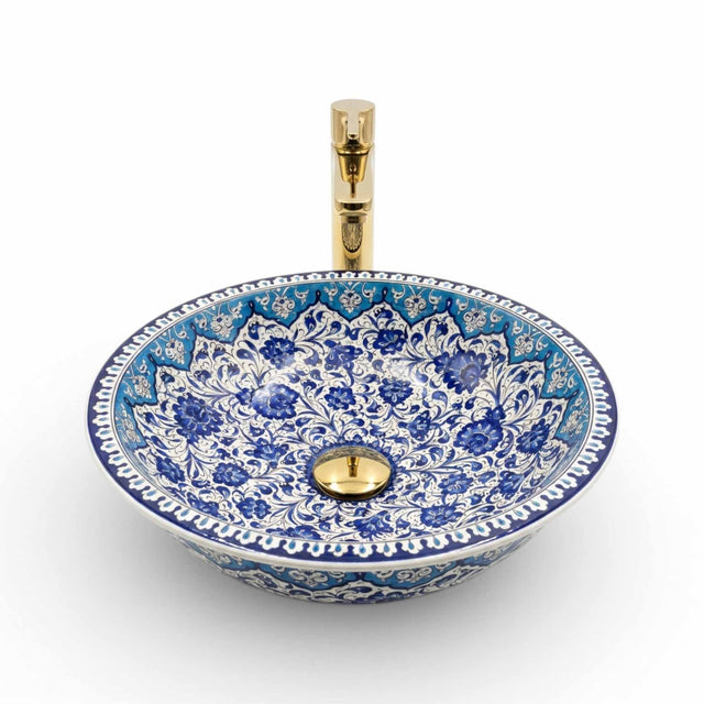 Azure Filigree Blossom Ceramic Vessel Sink, Handpainted Bathroom Basin