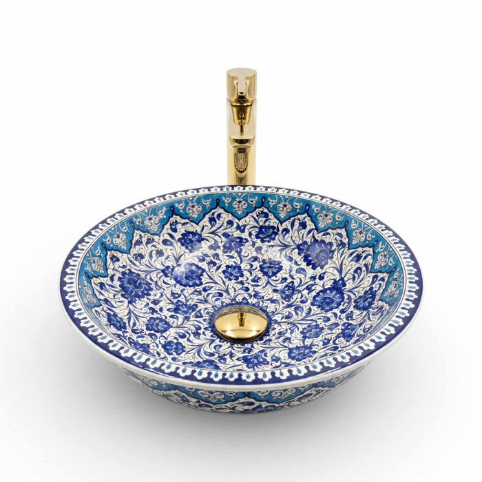 Azure Filigree Blossom Ceramic Vessel Sink, Handpainted Bathroom Basin