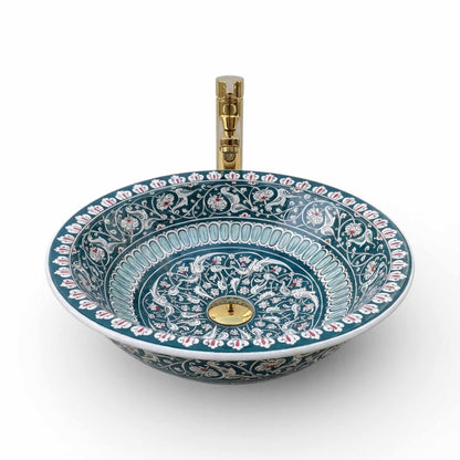 Verdant Arabesque Ceramic Vessel Sink, Handpainted Bathroom Basin