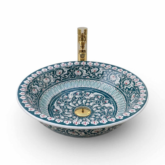 Verdant Arabesque Ceramic Vessel Sink, Handpainted Bathroom Basin