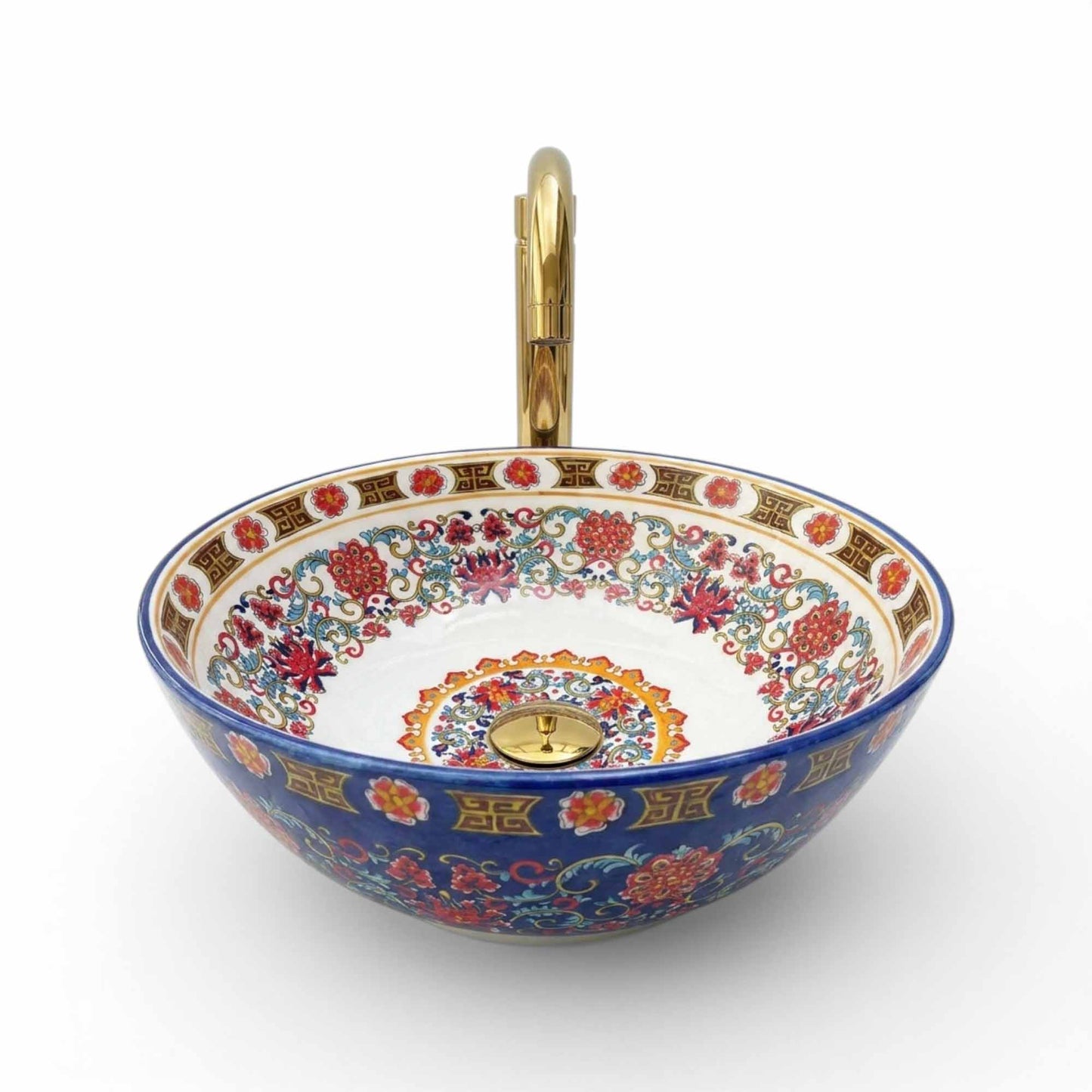 Imperial Sapphire Floral Ceramic Vessel Sink, Handpainted Turkish Bathroom Basin