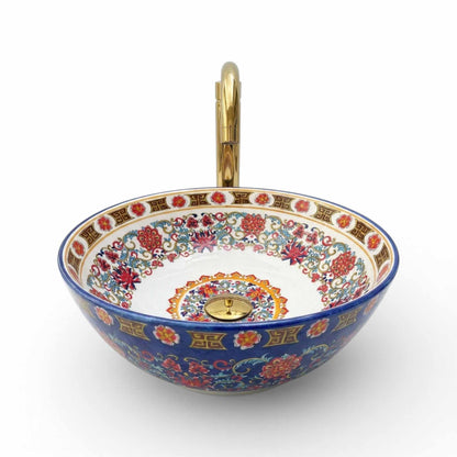 Imperial Sapphire Floral Ceramic Vessel Sink, Handpainted Turkish Bathroom Basin