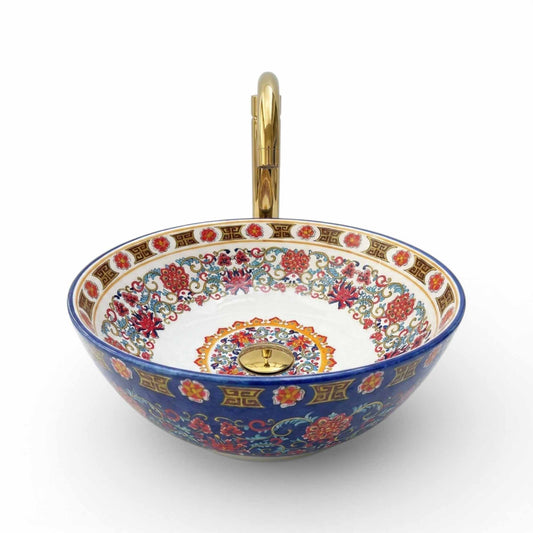 Imperial Sapphire Floral Ceramic Vessel Sink, Handpainted Turkish Bathroom Basin