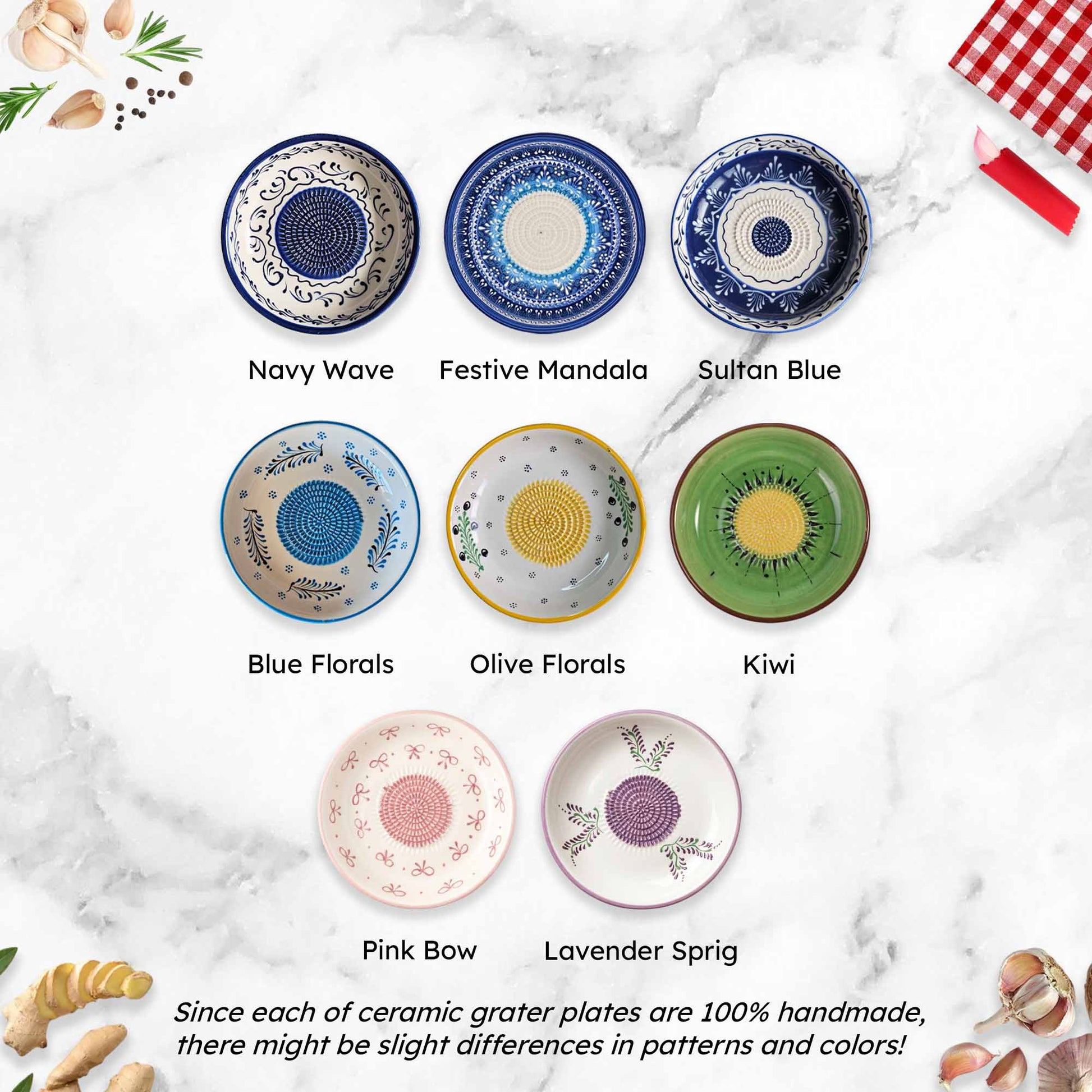 Set of ceramic grater plates with various patterns and colors on a marble surface.