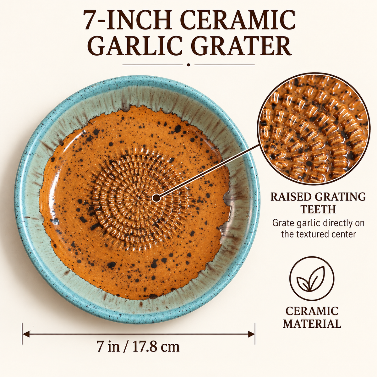 Garlic Grater Bowl, Caramel Ceramic Grater Plate, 7" Ceramic Garlic Grinder, Decorative Grater Bowl