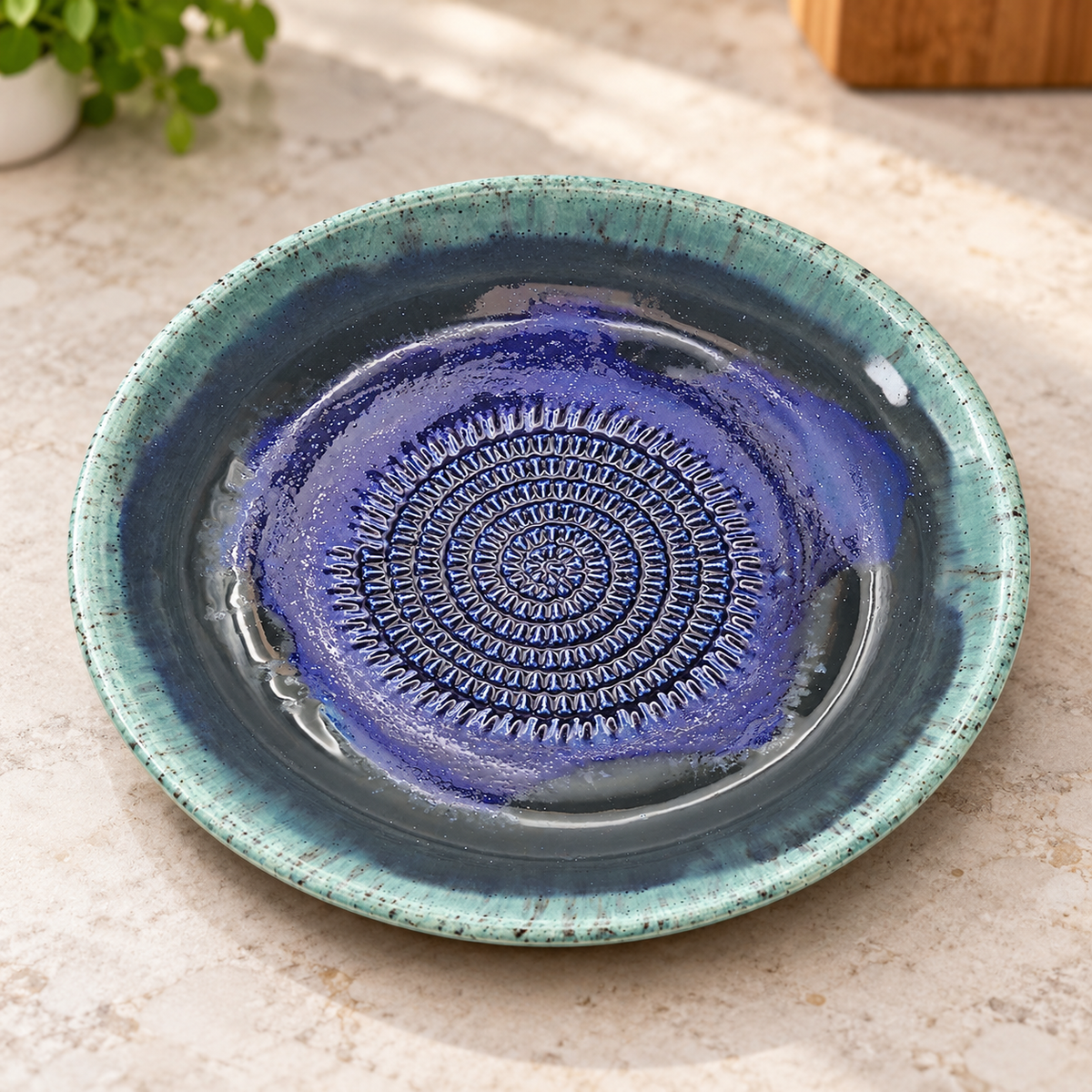 Garlic Grater Bowl, Cosmos Blue Ceramic Grater Plate, 7" Ceramic Garlic Grinder, Decorative Grater Bowl