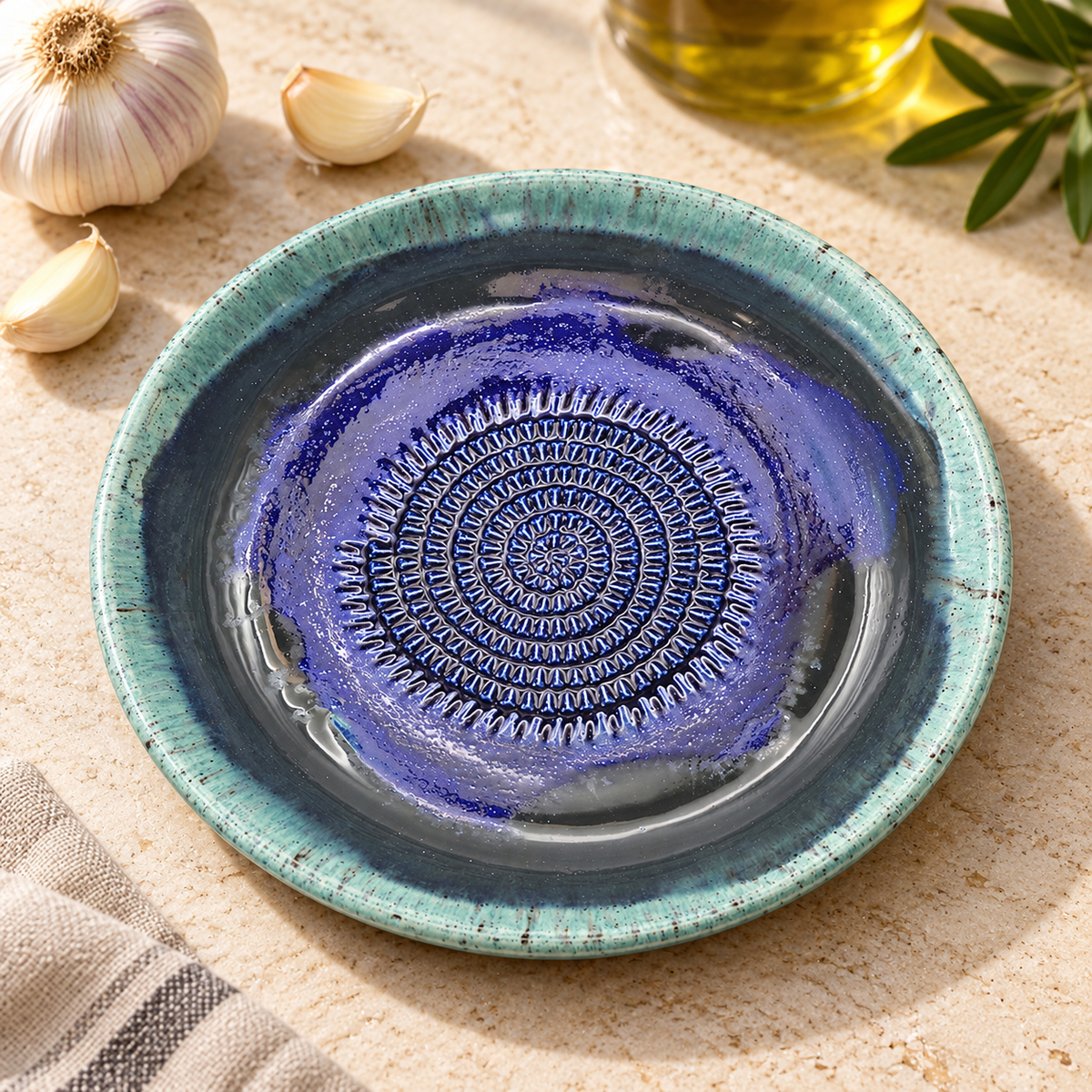 Garlic Grater Bowl, Cosmos Blue Ceramic Grater Plate, 7" Ceramic Garlic Grinder, Decorative Grater Bowl