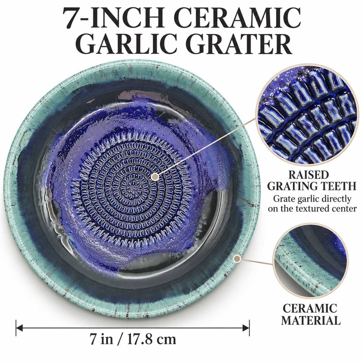 Garlic Grater Bowl, Cosmos Blue Ceramic Grater Plate, 7" Ceramic Garlic Grinder, Decorative Grater Bowl