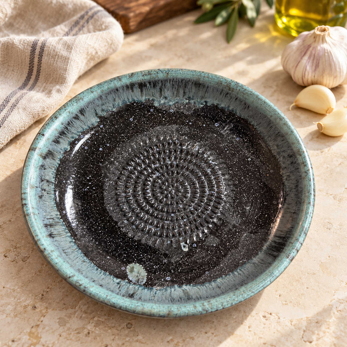Garlic Grater Bowl, Glossy Black Ceramic Grater Plate, 7" Ceramic Garlic Grinder, Decorative Grater Bowl