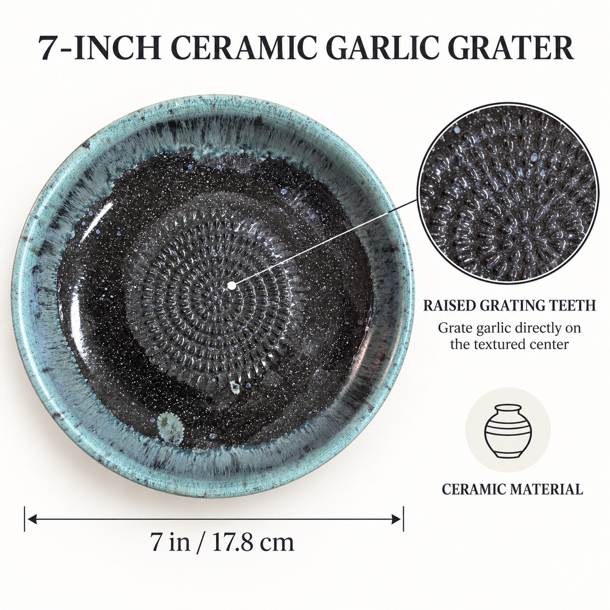 Garlic Grater Bowl, Glossy Black Ceramic Grater Plate, 7" Ceramic Garlic Grinder, Decorative Grater Bowl