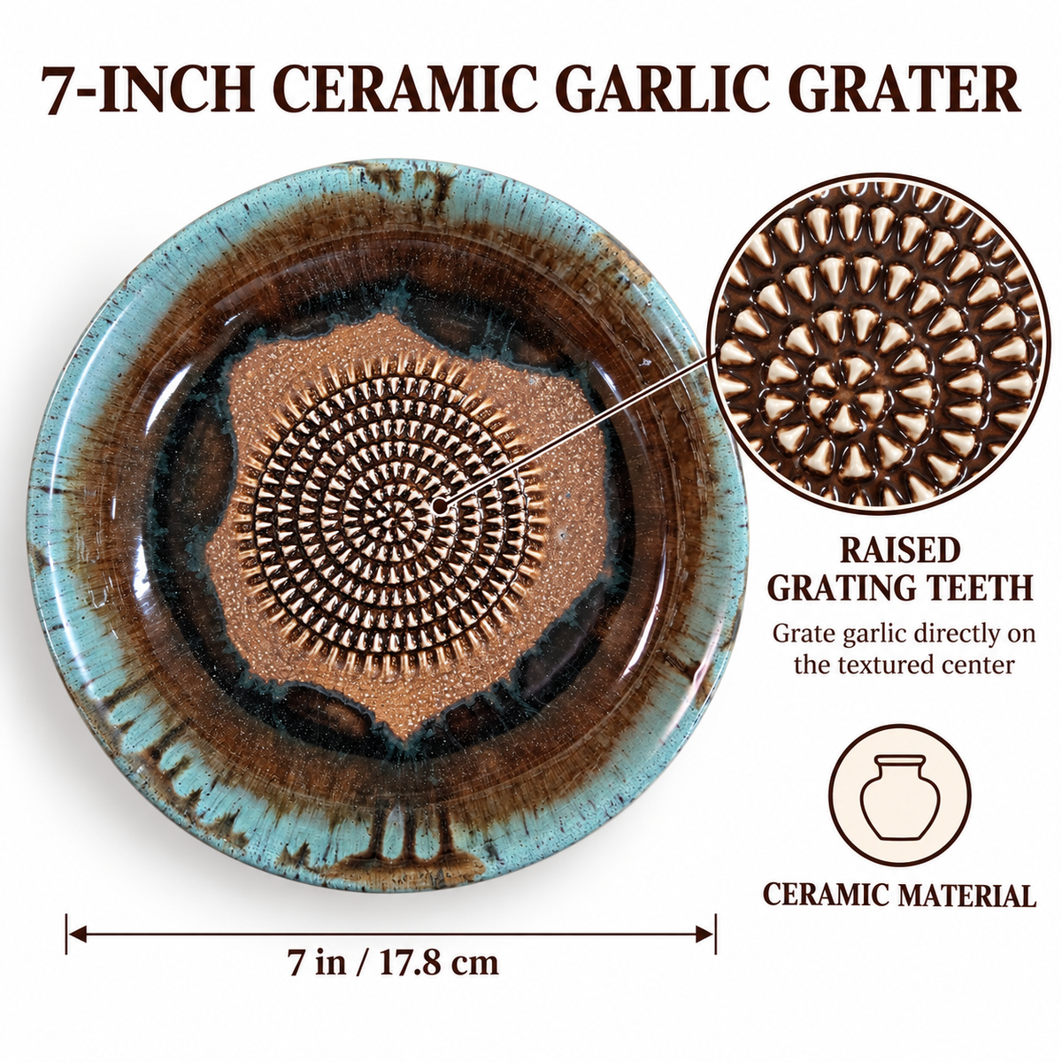 Garlic Grater Bowl, Marron Ceramic Grater Plate, 7" Ceramic Garlic Grinder, Decorative Grater Bowl