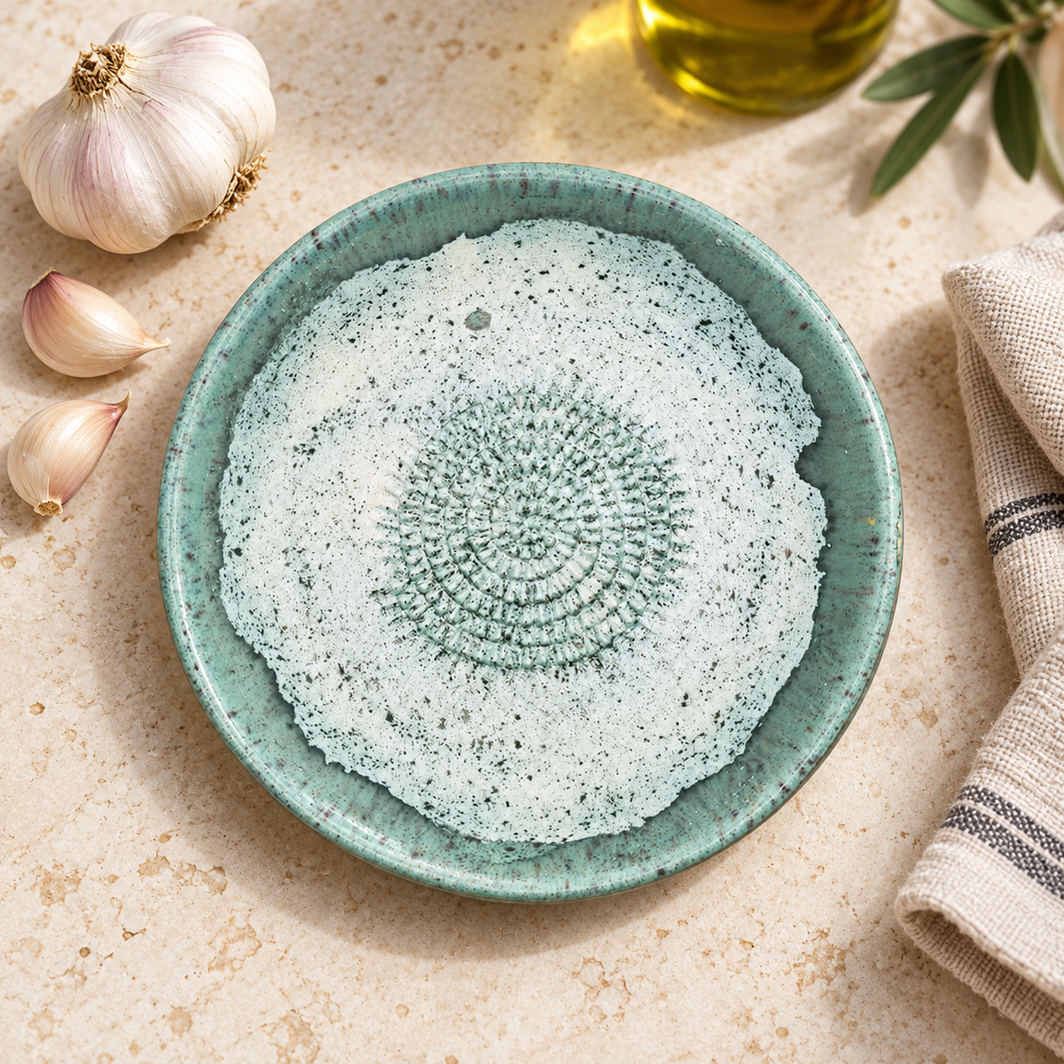 Garlic Grater Bowl, Spotted Mint Ceramic Grater Plate, 7" Ceramic Garlic Grinder, Decorative Grater Bowl
