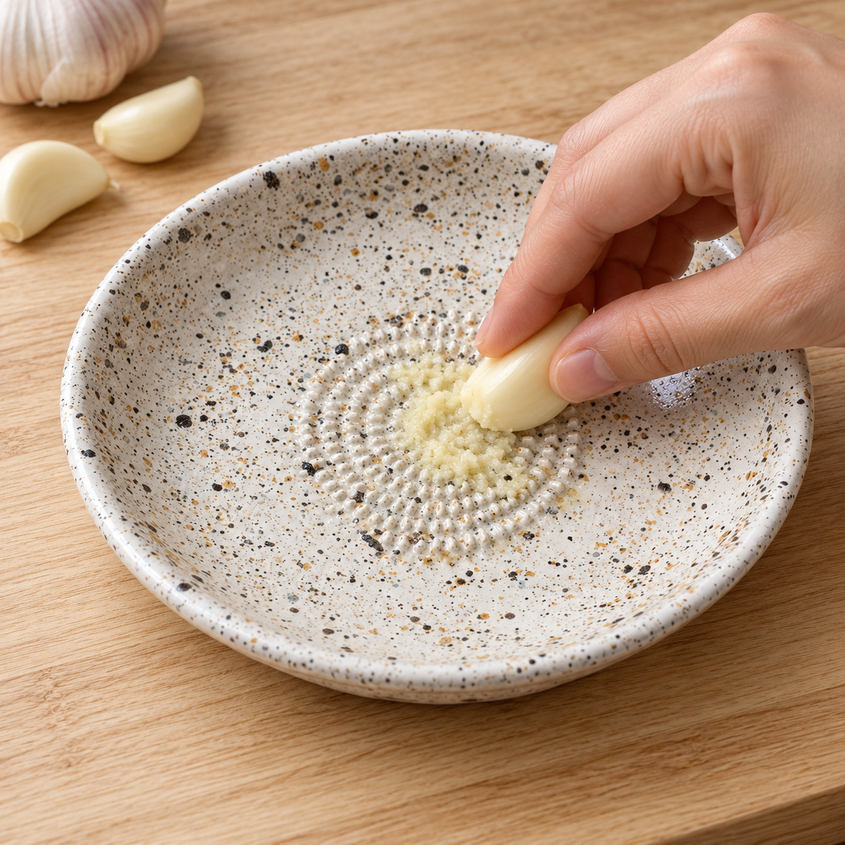 Garlic Grater Bowl,  White Speckale Ceramic Grater Plate, 7" Ceramic Garlic Grinder, Decorative Grater Bowl
