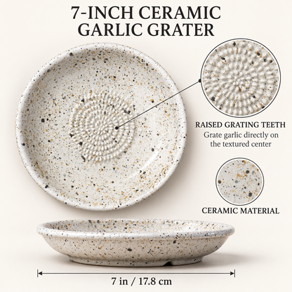 Garlic Grater Bowl,  White Speckale Ceramic Grater Plate, 7" Ceramic Garlic Grinder, Decorative Grater Bowl