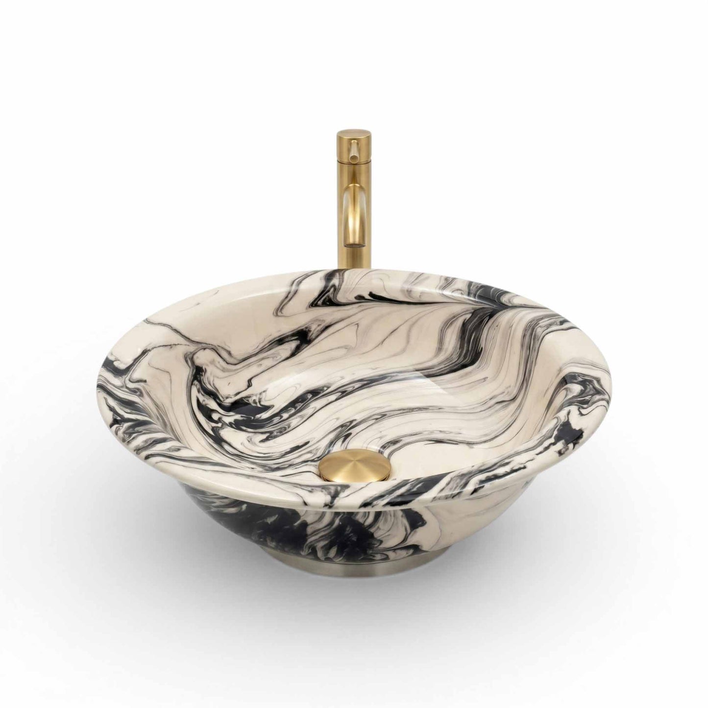 Black Marble Swirl Ceramic Vessel Sink, Handpainted Bathroom Basin