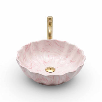 Blush Petal Marble Ceramic Vessel Sink, Handpainted Artistic Bathroom Basin