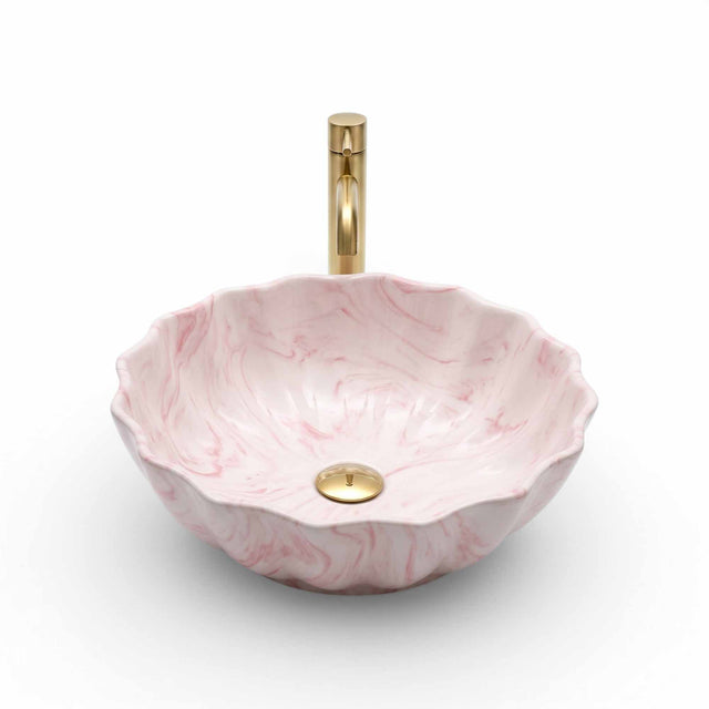 Blush Petal Marble Ceramic Vessel Sink, Handpainted Artistic Bathroom Basin