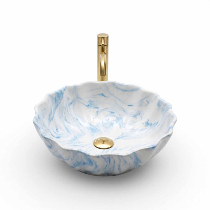 Sky Blue Petal Marble Ceramic Vessel Sink, Handpainted Artistic Bathroom Basin