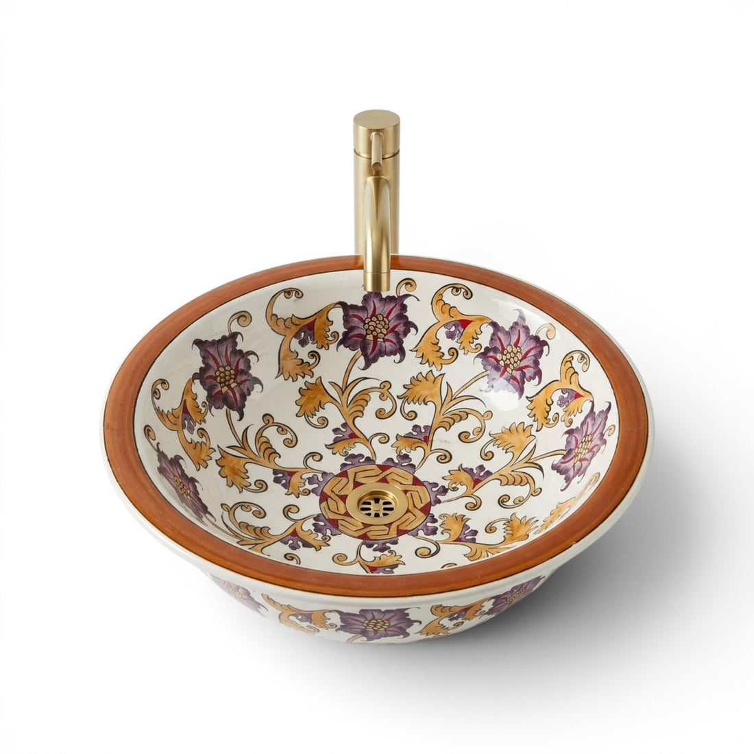 Rustic Tuscan Floral Ceramic Vessel Sink, Handpainted Bathroom Basin