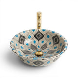 Blue Peacock Feather Pattern Ceramic Vessel Sink, Handpainted Bathroom Basin