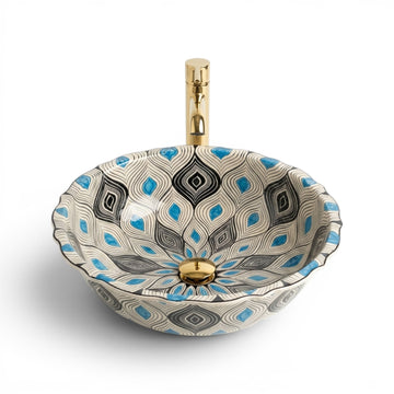 Blue Peacock Feather Pattern Ceramic Vessel Sink, Handpainted Bathroom Basin