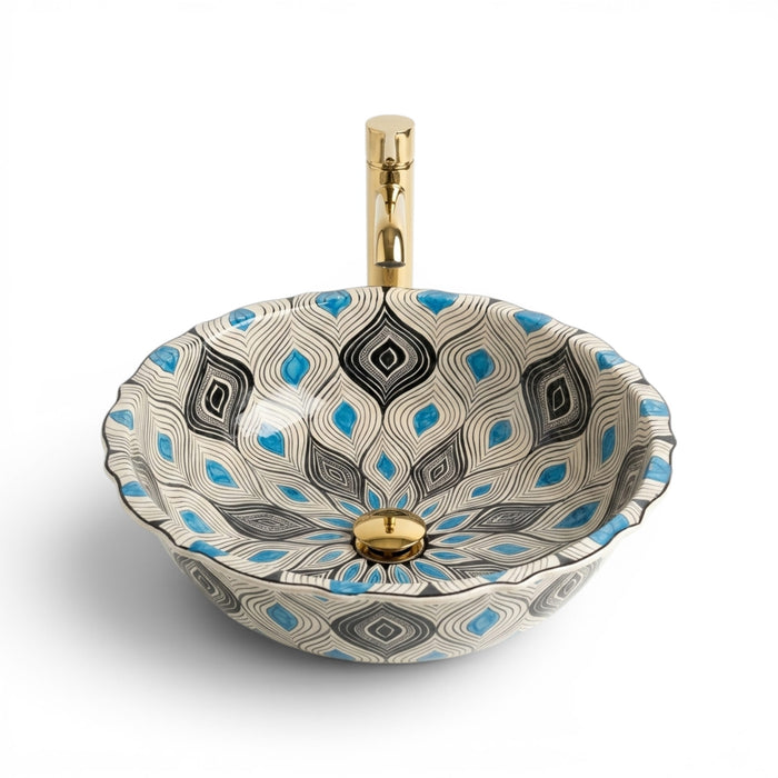 Blue Peacock Feather Pattern Ceramic Vessel Sink, Handpainted Bathroom Basin