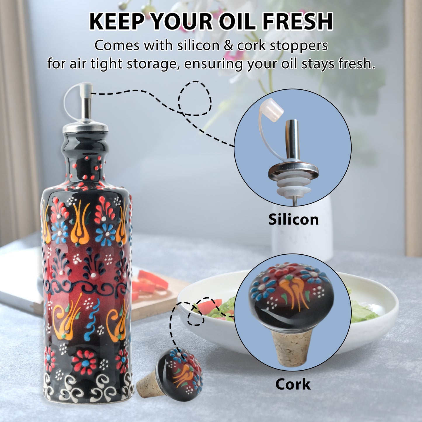 Ceramic Oil Dispenser, 7.5 Oz Olive Oil Dispener, Black Oil Bottle