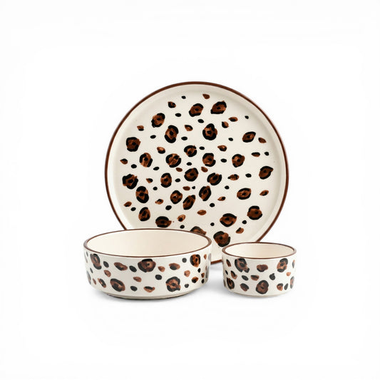 Ceramic plate, bowl, and cup set with coffee seeds print pattern on a white background