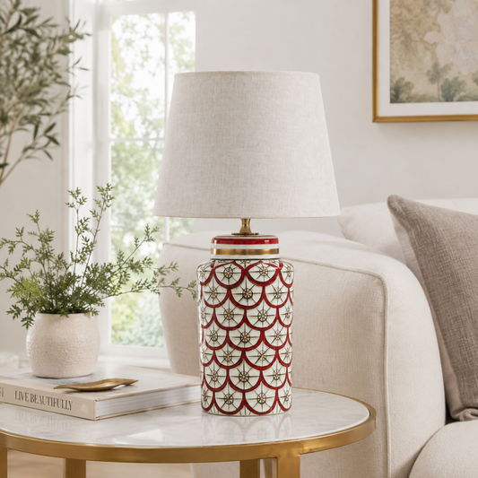 Red & White Ceramic Table Lamp, Scale Pattern Bedside Lamp