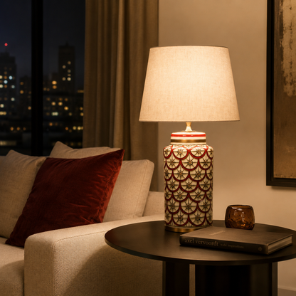 Red & White Ceramic Table Lamp, Scale Pattern Bedside Lamp
