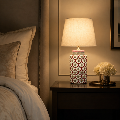 Red & White Ceramic Table Lamp, Scale Pattern Bedside Lamp