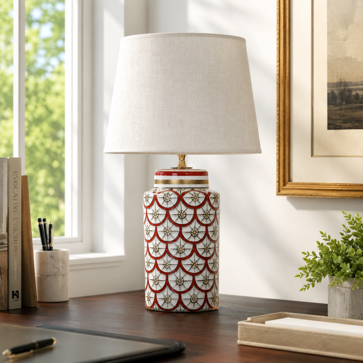 Red & White Ceramic Table Lamp, Scale Pattern Bedside Lamp
