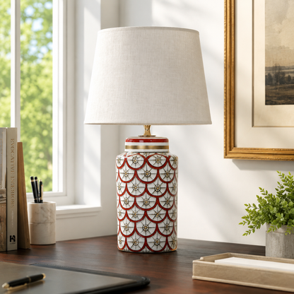 Red & White Ceramic Table Lamp, Scale Pattern Bedside Lamp