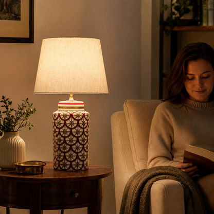 Red & White Ceramic Table Lamp, Scale Pattern Bedside Lamp