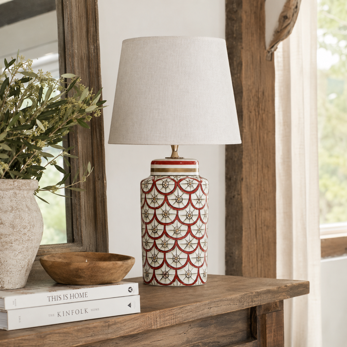 Red & White Ceramic Table Lamp, Scale Pattern Bedside Lamp