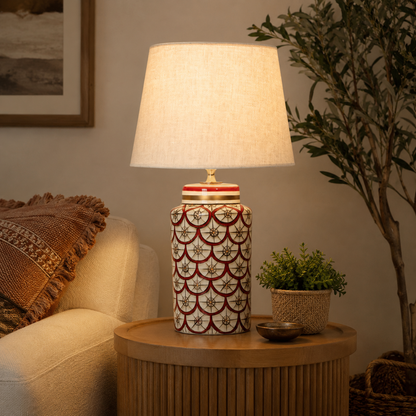 Red & White Ceramic Table Lamp, Scale Pattern Bedside Lamp